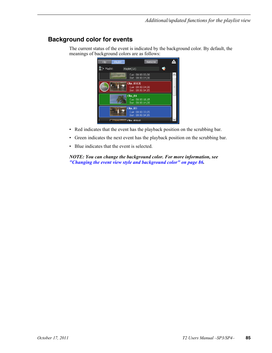 Background color for events | Grass Valley T2 Classic iDDR User Manual | Page 85 / 126