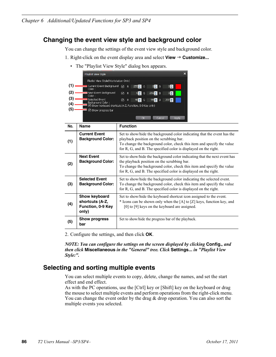 Changing the event view style and background color, Selecting and sorting multiple events | Grass Valley T2 Classic iDDR User Manual | Page 86 / 126