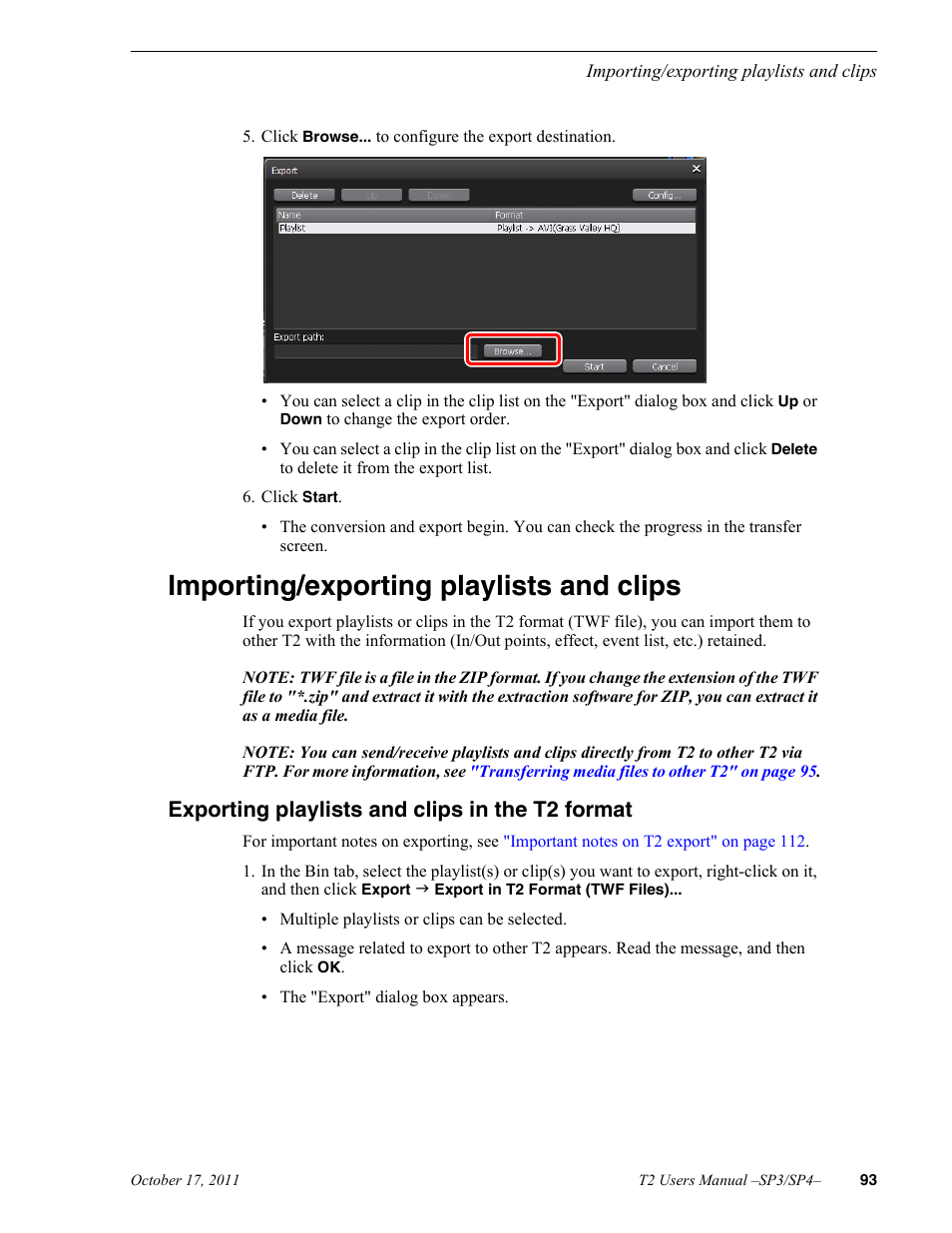 Importing/exporting playlists and clips, Exporting playlists and clips in the t2 format | Grass Valley T2 Classic iDDR User Manual | Page 93 / 126