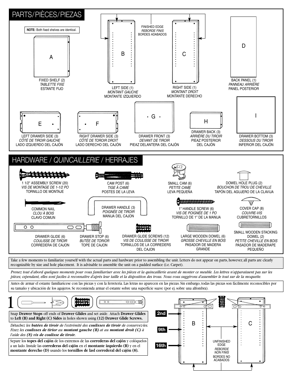 Hardware / quincaillerie / herrajes, Parts/ pièces/ piezas, Hg e f i | Closet Maid Stackable Storage Organizer SSO3DW User Manual | Page 2 / 4