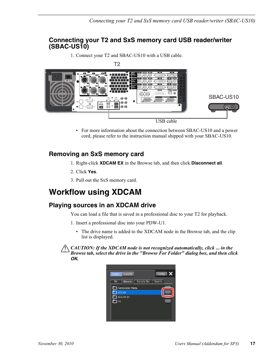 Removing an sxs memory card, Workflow using xdcam, Playing sources in a xdcam drive | Playing sources in an xdcam drive | Grass Valley T2 Classic iDDR Addendum User Manual | Page 17 / 65