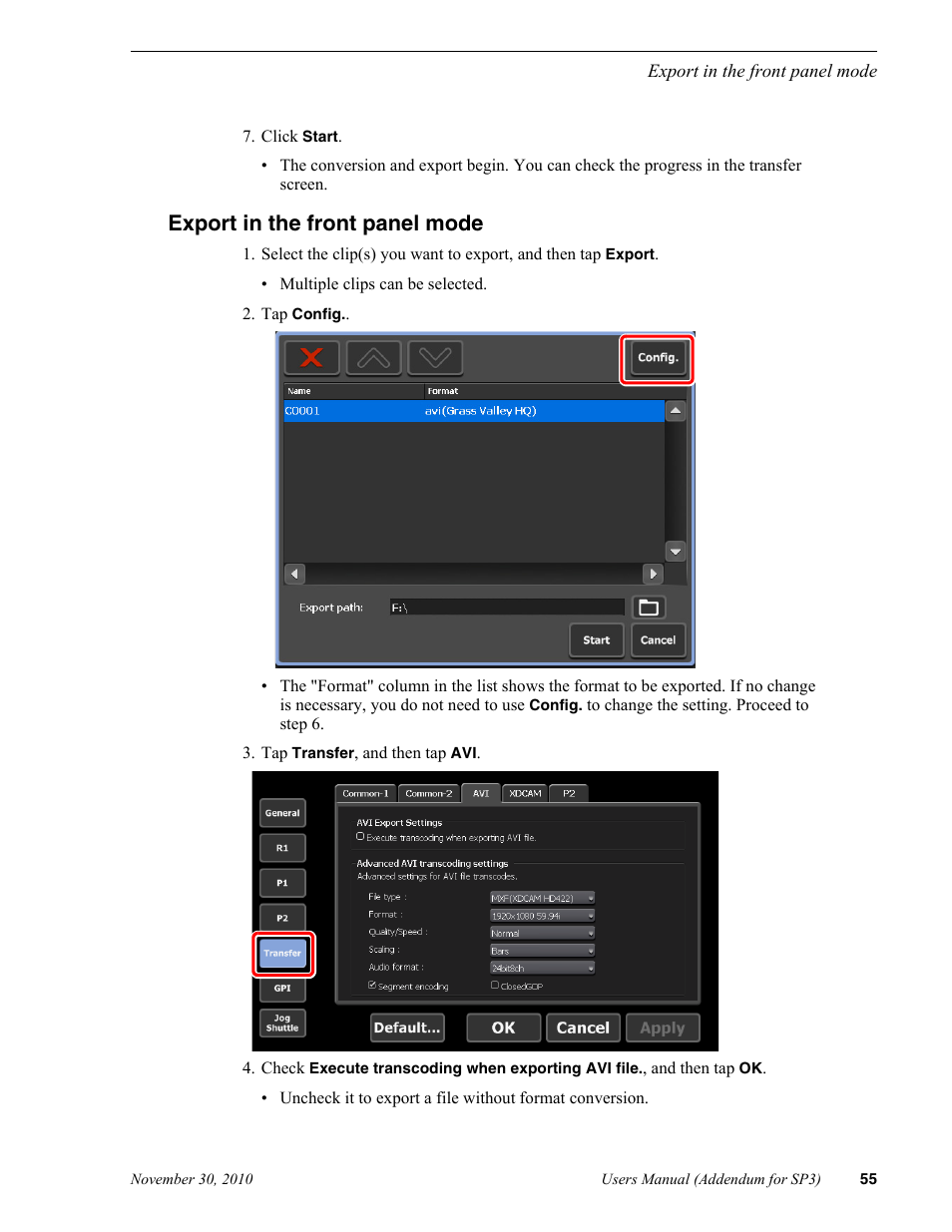 Export in the front panel mode | Grass Valley T2 Classic iDDR Addendum User Manual | Page 55 / 65