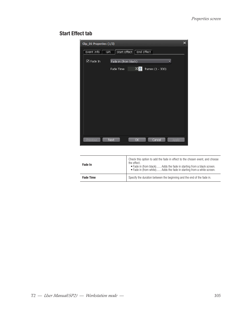 Start effect tab | Grass Valley T2 Classic iDDR Workstation Mode SP2 User Manual | Page 105 / 116