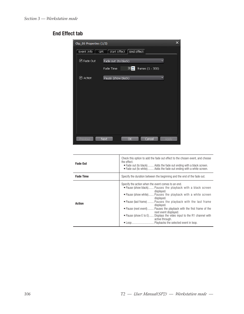 End effect tab, User﻿manual(sp2) ― workstation﻿mode | Grass Valley T2 Classic iDDR Workstation Mode SP2 User Manual | Page 106 / 116