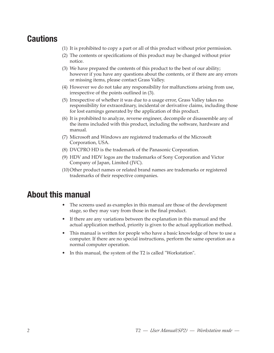 Cautions, About this manual | Grass Valley T2 Classic iDDR Workstation Mode SP2 User Manual | Page 2 / 116