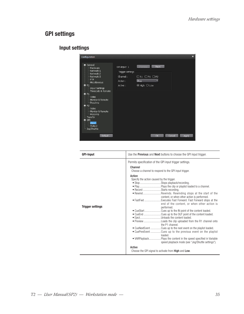 Gpi settings, Input settings, User﻿manual(sp2) ― workstation﻿mode | Grass Valley T2 Classic iDDR Workstation Mode SP2 User Manual | Page 35 / 116