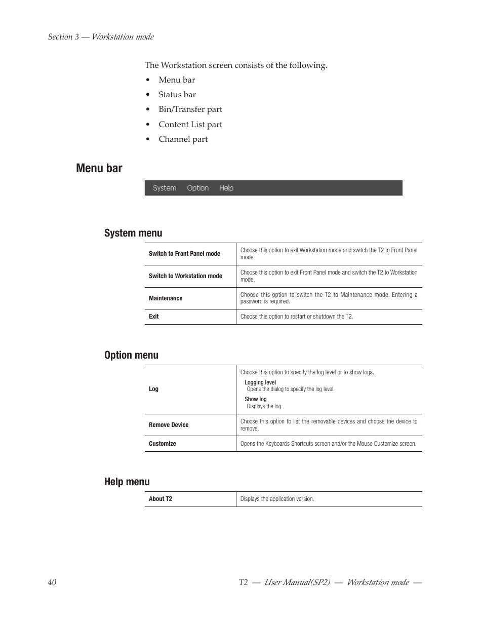 Menu bar, System menu, Option menu | Help menu | Grass Valley T2 Classic iDDR Workstation Mode SP2 User Manual | Page 40 / 116