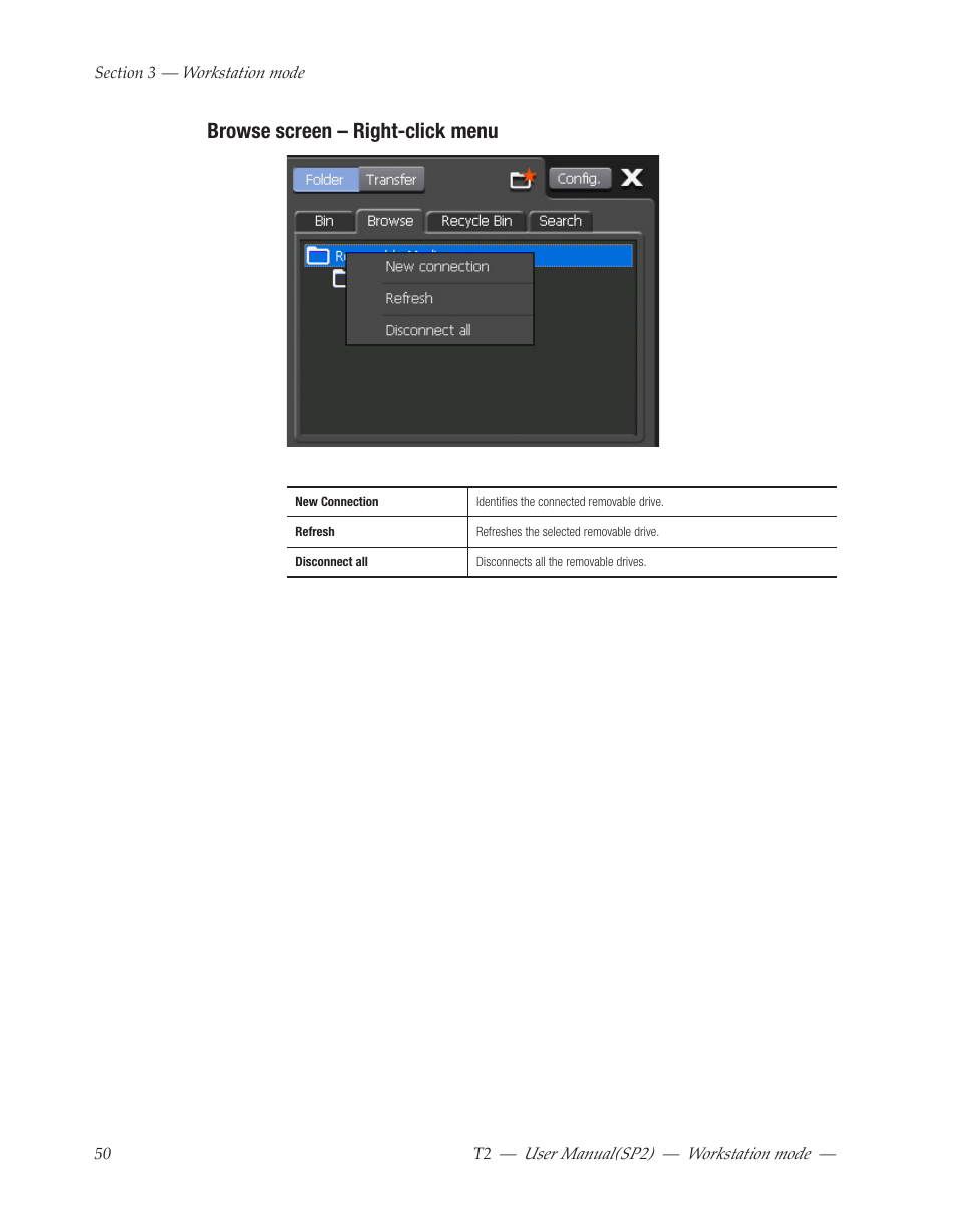 Browse screen – right-click menu | Grass Valley T2 Classic iDDR Workstation Mode SP2 User Manual | Page 50 / 116