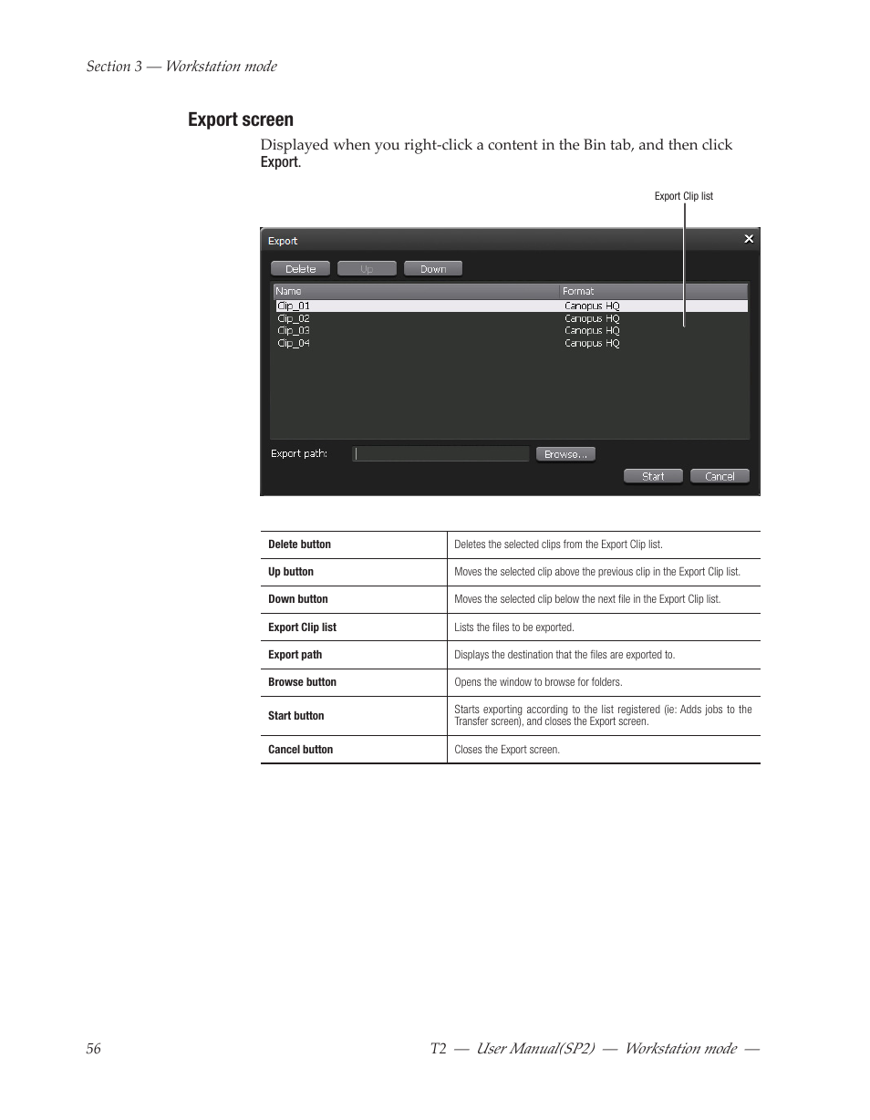 Export screen | Grass Valley T2 Classic iDDR Workstation Mode SP2 User Manual | Page 56 / 116