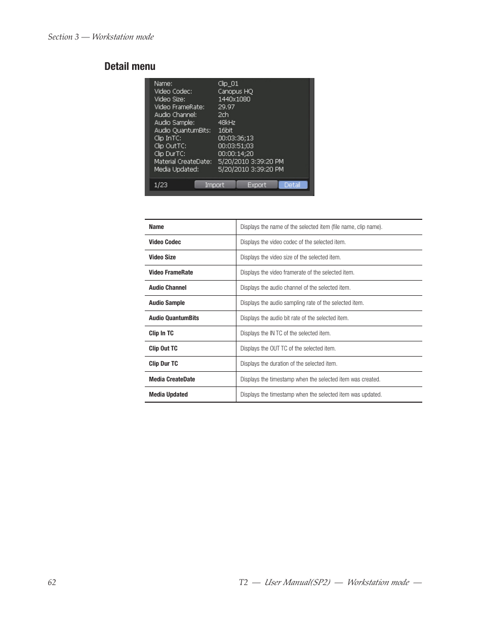 Detail menu, User﻿manual(sp2) ― workstation﻿mode | Grass Valley T2 Classic iDDR Workstation Mode SP2 User Manual | Page 62 / 116