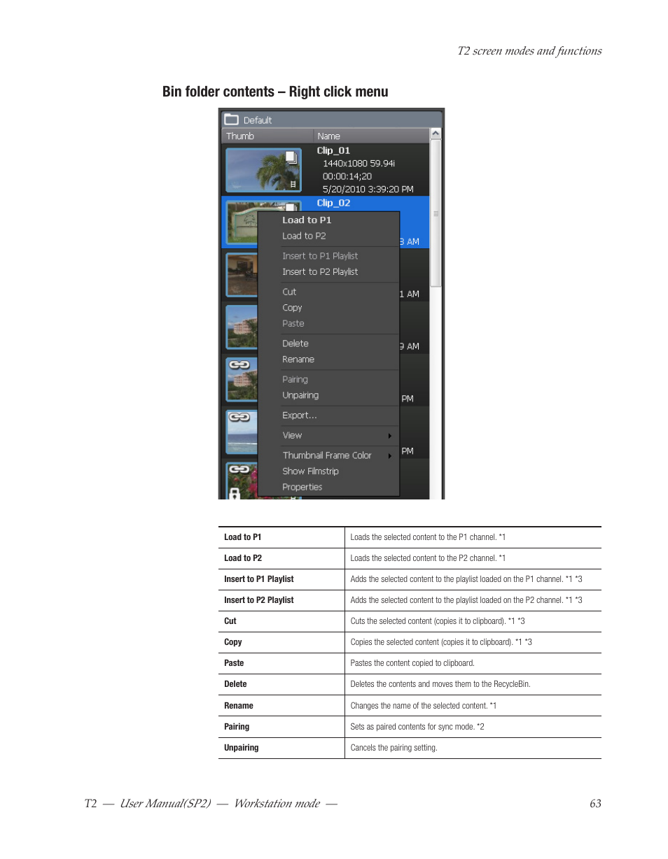 Bin folder contents – right click menu, User﻿manual(sp2) ― workstation﻿mode | Grass Valley T2 Classic iDDR Workstation Mode SP2 User Manual | Page 63 / 116