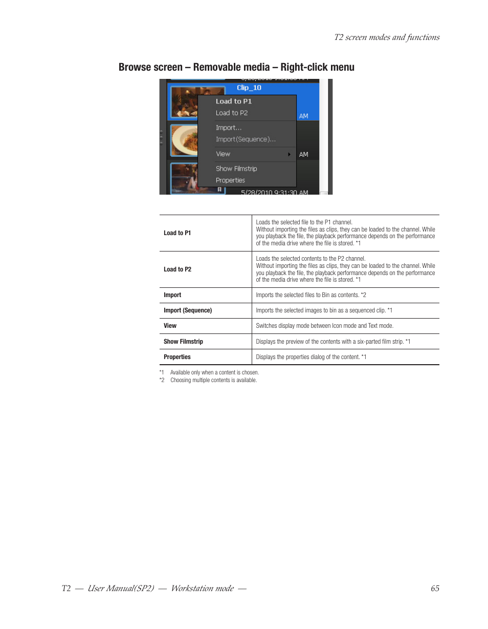 Browse screen – removable media – right-click menu, User﻿manual(sp2) ― workstation﻿mode | Grass Valley T2 Classic iDDR Workstation Mode SP2 User Manual | Page 65 / 116