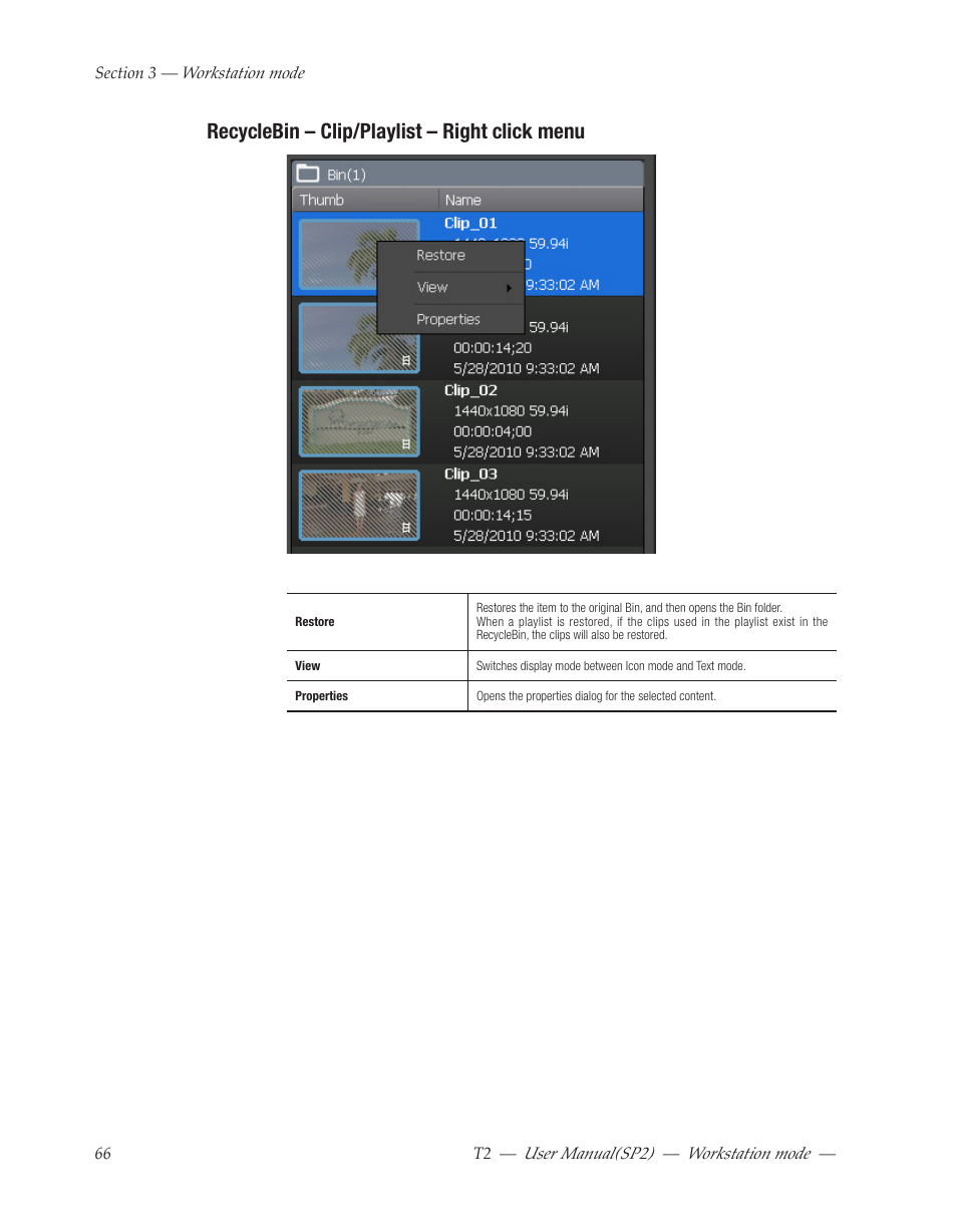 Recyclebin – clip/playlist – right click menu | Grass Valley T2 Classic iDDR Workstation Mode SP2 User Manual | Page 66 / 116