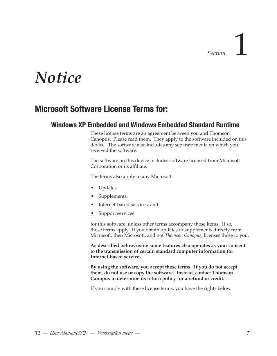 Section 1 notice, Microsoft software license terms for, Notice | Grass Valley T2 Classic iDDR Workstation Mode SP2 User Manual | Page 7 / 116