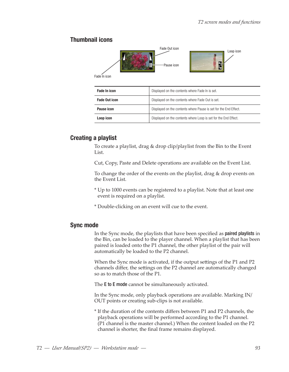 Thumbnail icons, Creating a playlist, Sync mode | Grass Valley T2 Classic iDDR Workstation Mode SP2 User Manual | Page 93 / 116