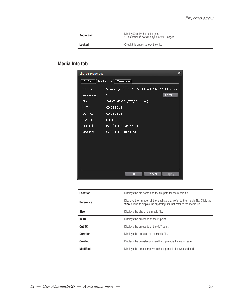 Media info tab, User﻿manual(sp2) ― workstation﻿mode | Grass Valley T2 Classic iDDR Workstation Mode SP2 User Manual | Page 97 / 116
