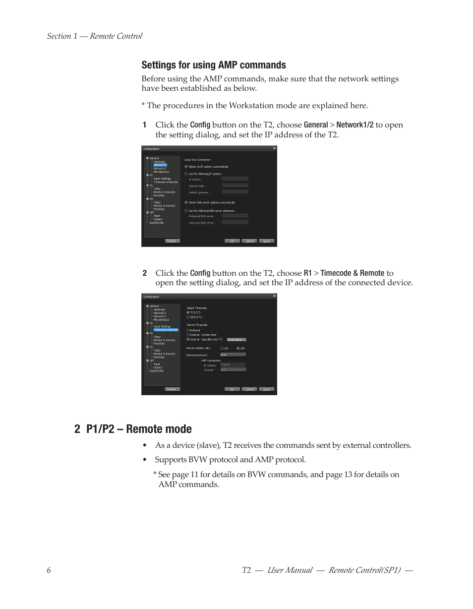 Settings for using amp commands, 2 p1/p2 - remote mode, 2 p1/p2 – remote mode | Grass Valley T2 Classic iDDR Remote Control SP1 User Manual | Page 6 / 16