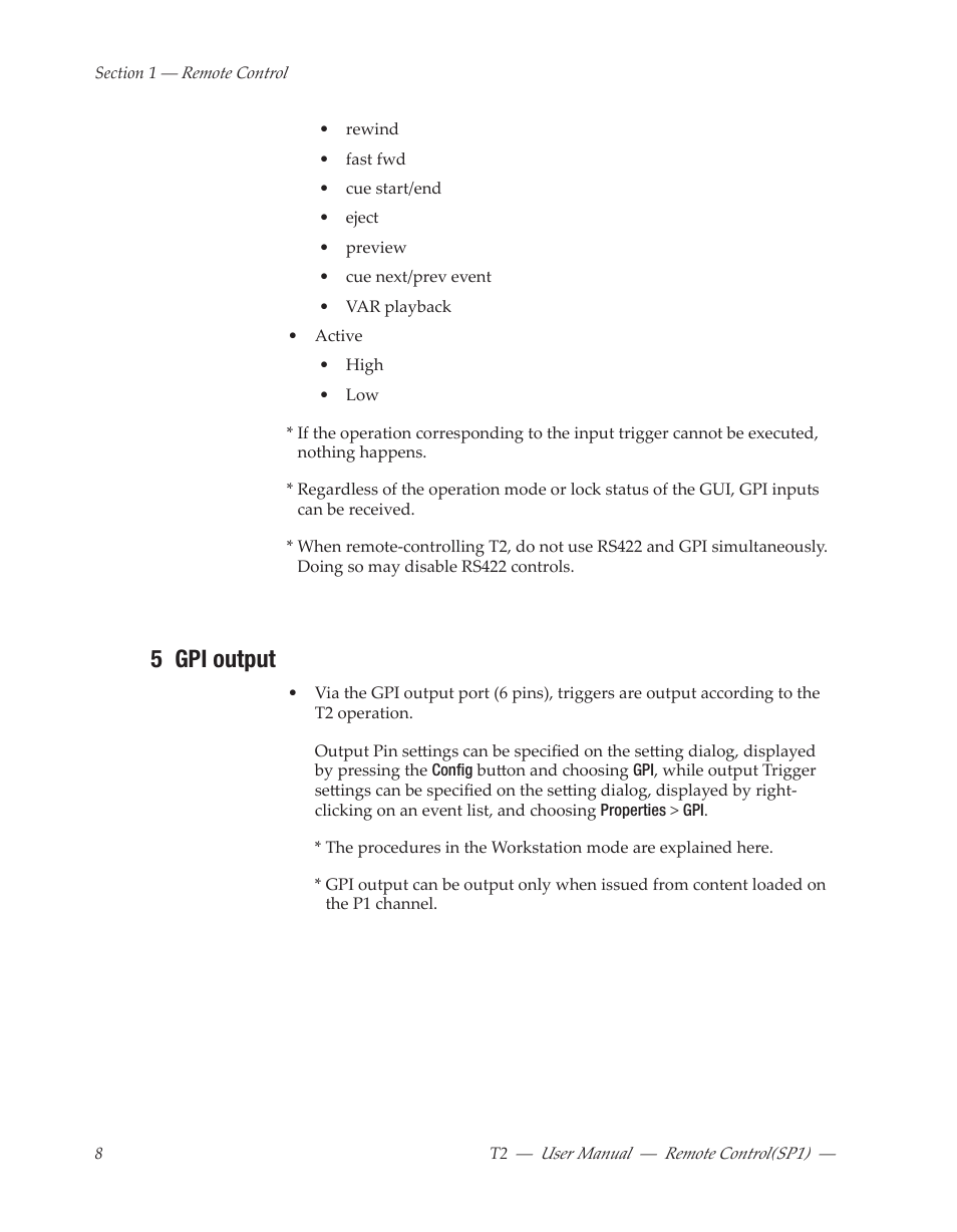 5 gpi output | Grass Valley T2 Classic iDDR Remote Control SP1 User Manual | Page 8 / 16