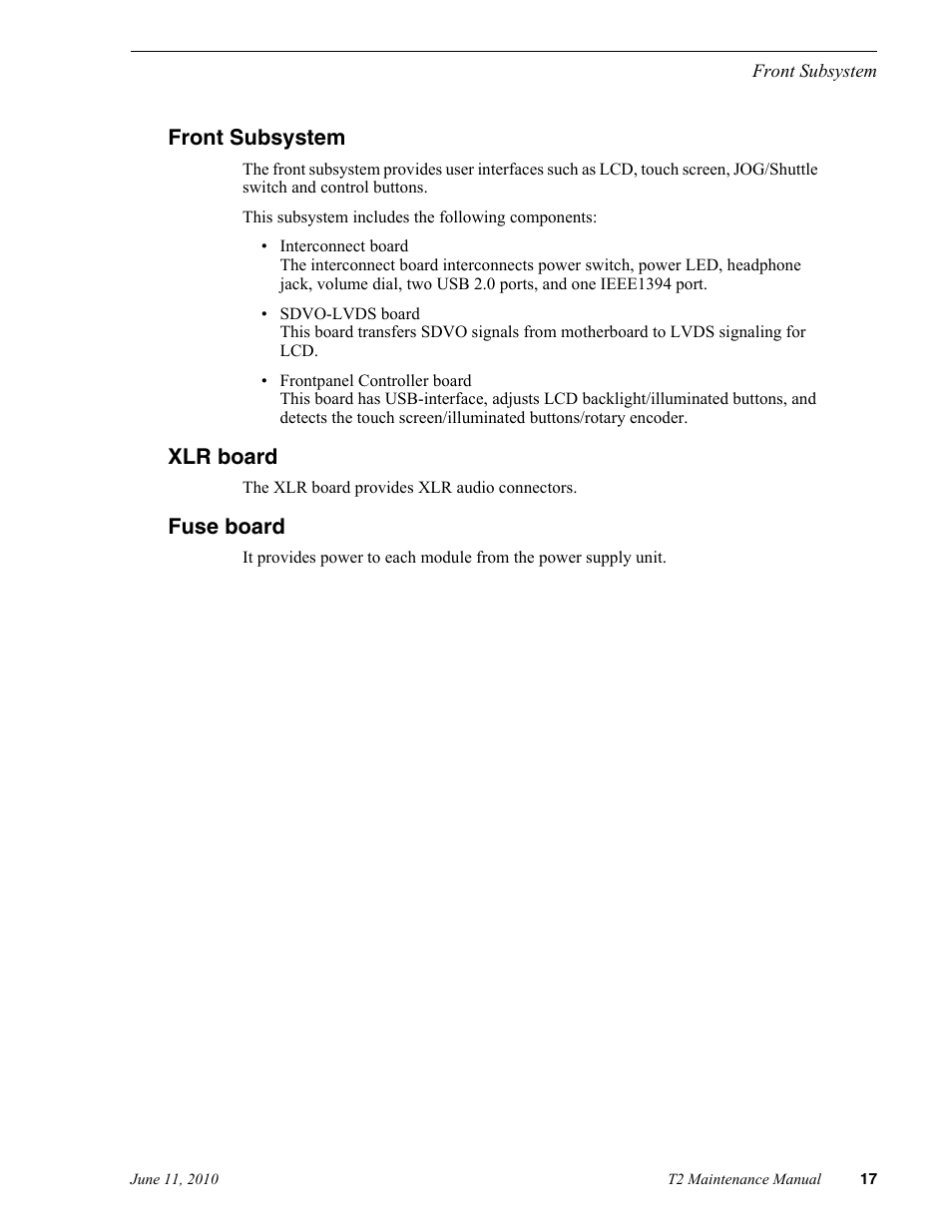 Front subsystem, Xlr board, Fuse board | Front subsystem xlr board fuse board | Grass Valley T2 Classic iDDR SP2 User Manual | Page 17 / 54