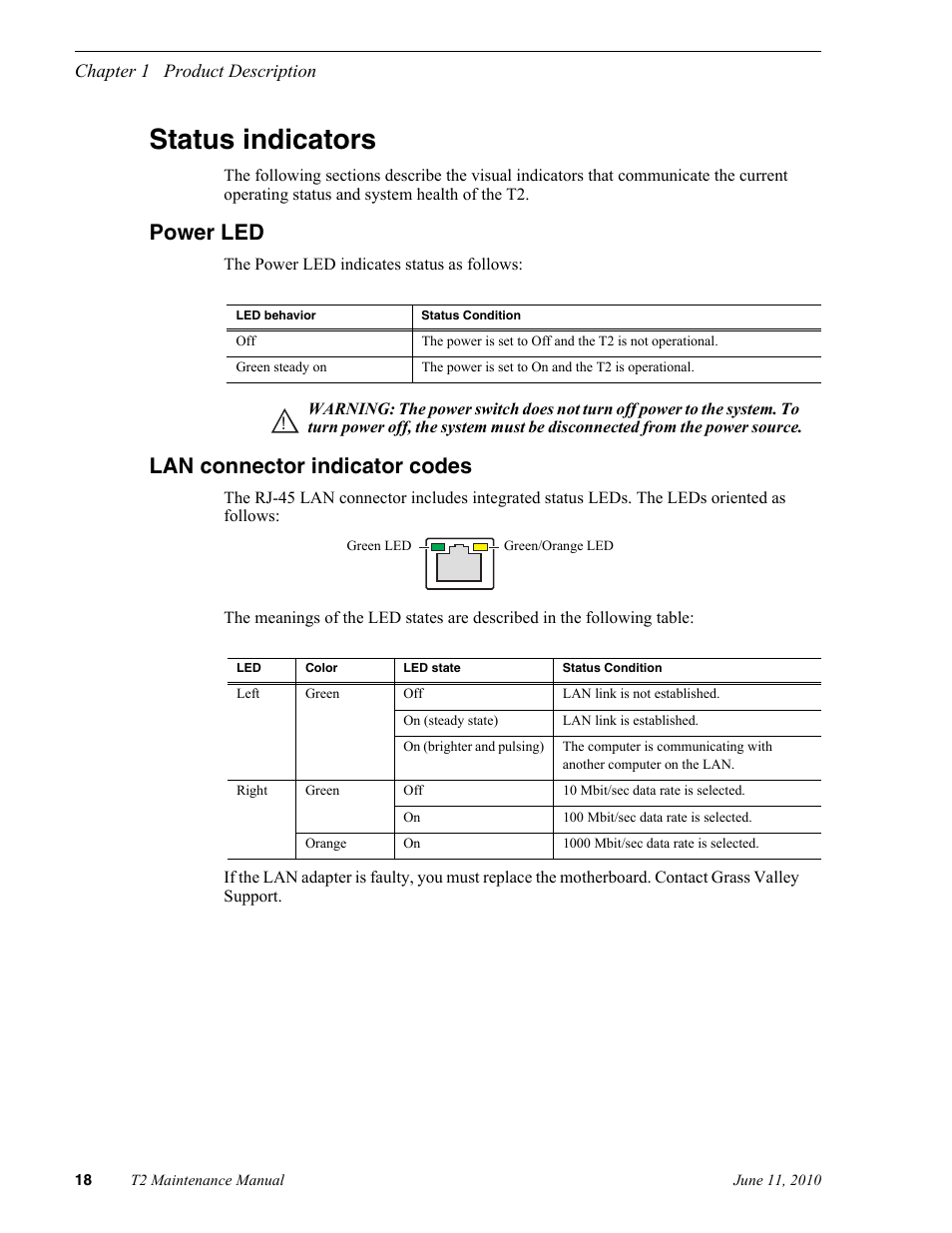 Status indicators, Power led, Lan connector indicator codes | Power led lan connector indicator codes | Grass Valley T2 Classic iDDR SP2 User Manual | Page 18 / 54