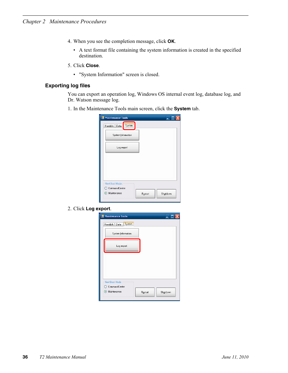 Exporting log files | Grass Valley T2 Classic iDDR SP2 User Manual | Page 36 / 54