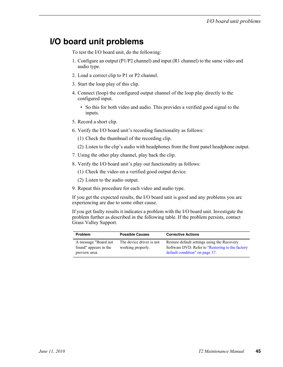 I/o board unit problems | Grass Valley T2 Classic iDDR SP2 User Manual | Page 45 / 54