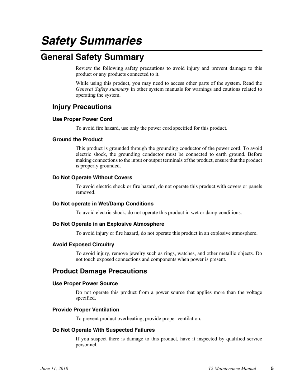 Safety summaries, General safety summary | Grass Valley T2 Classic iDDR SP2 User Manual | Page 5 / 54