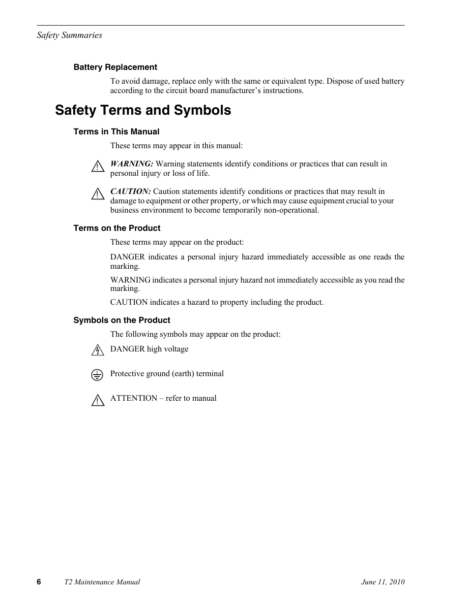 Safety terms and symbols | Grass Valley T2 Classic iDDR SP2 User Manual | Page 6 / 54