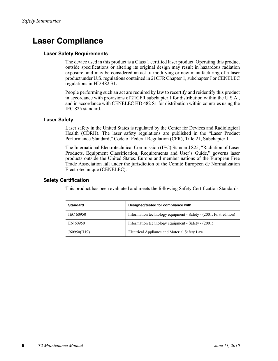 Laser compliance | Grass Valley T2 Classic iDDR SP2 User Manual | Page 8 / 54