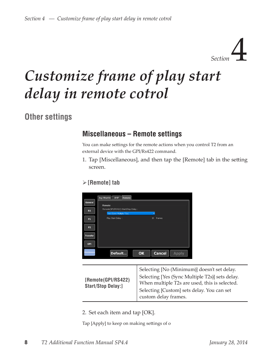 Other settings, Miscellaneous – remote settings | Grass Valley T2 Classic iDDR Additional Function Manual SP4.4 User Manual | Page 8 / 11