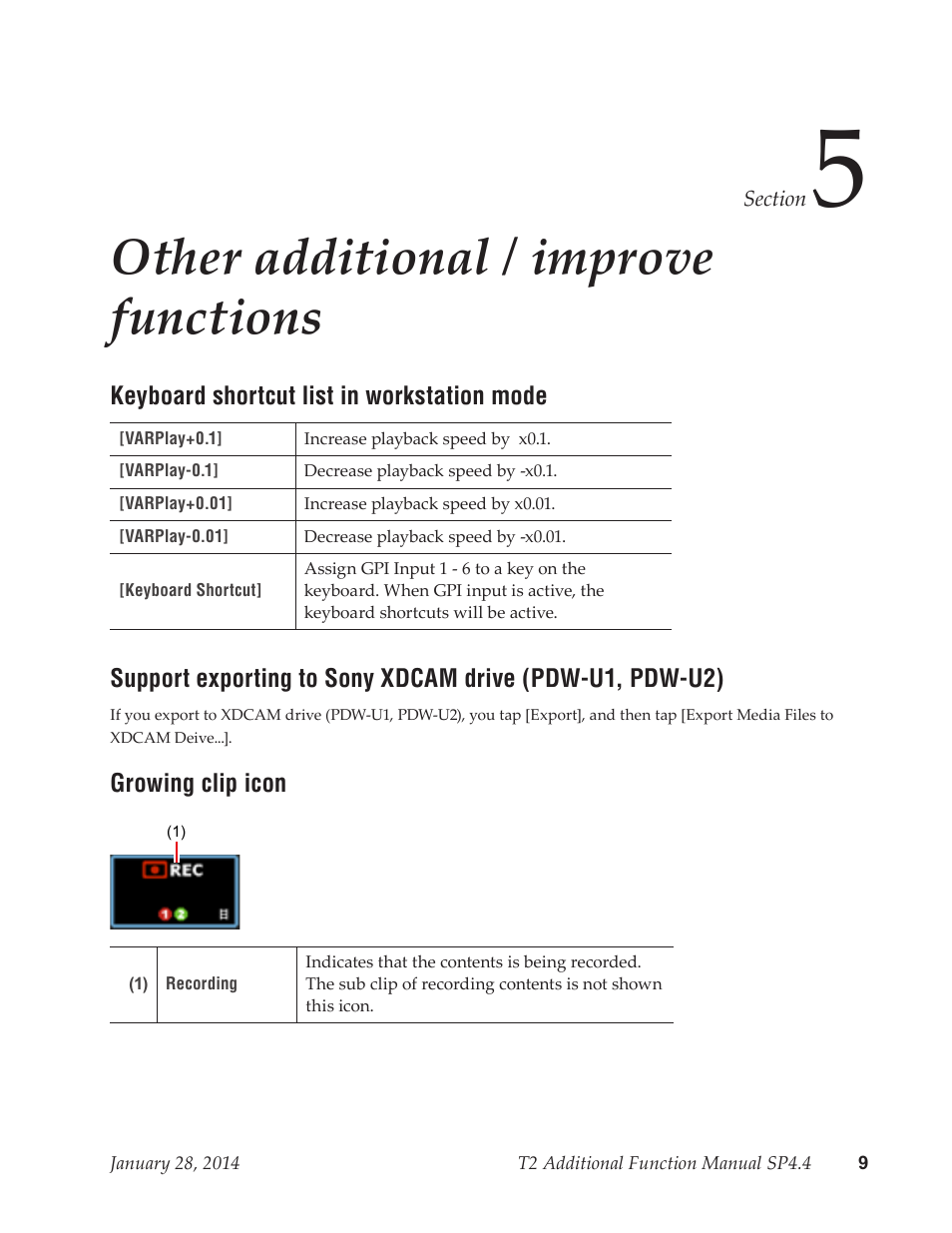 Other additional / improve functions, Keyboard shortcut list in workstation mode, Growing clip icon | Grass Valley T2 Classic iDDR Additional Function Manual SP4.4 User Manual | Page 9 / 11