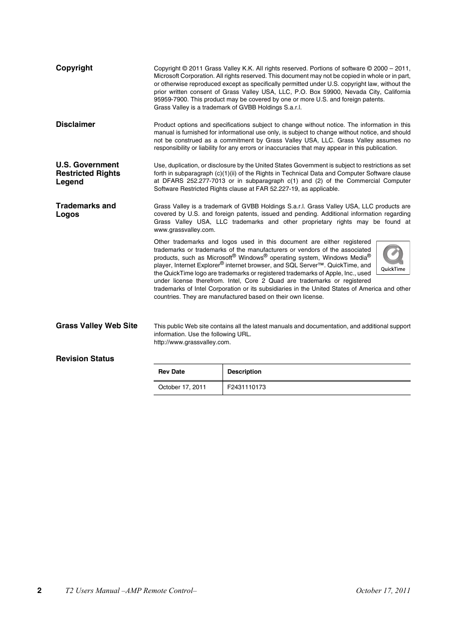 Grass Valley T2 Classic iDDR AMP Remote Control SP4.3 User Manual | Page 2 / 18