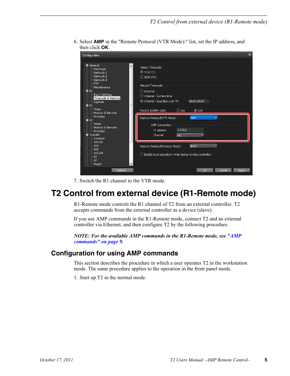 T2 control from external device (r1-remote mode), Configuration for using amp commands | Grass Valley T2 Classic iDDR AMP Remote Control SP4.3 User Manual | Page 5 / 18