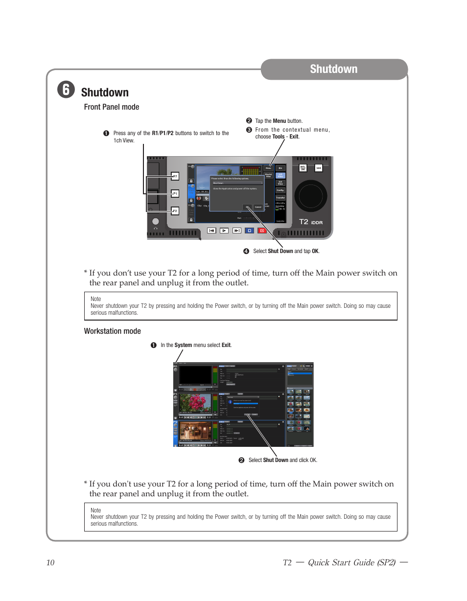 Shutdown, Kotron, Front panel layout | Grass Valley T2 Classic iDDR Quick Start SP2 User Manual | Page 10 / 24