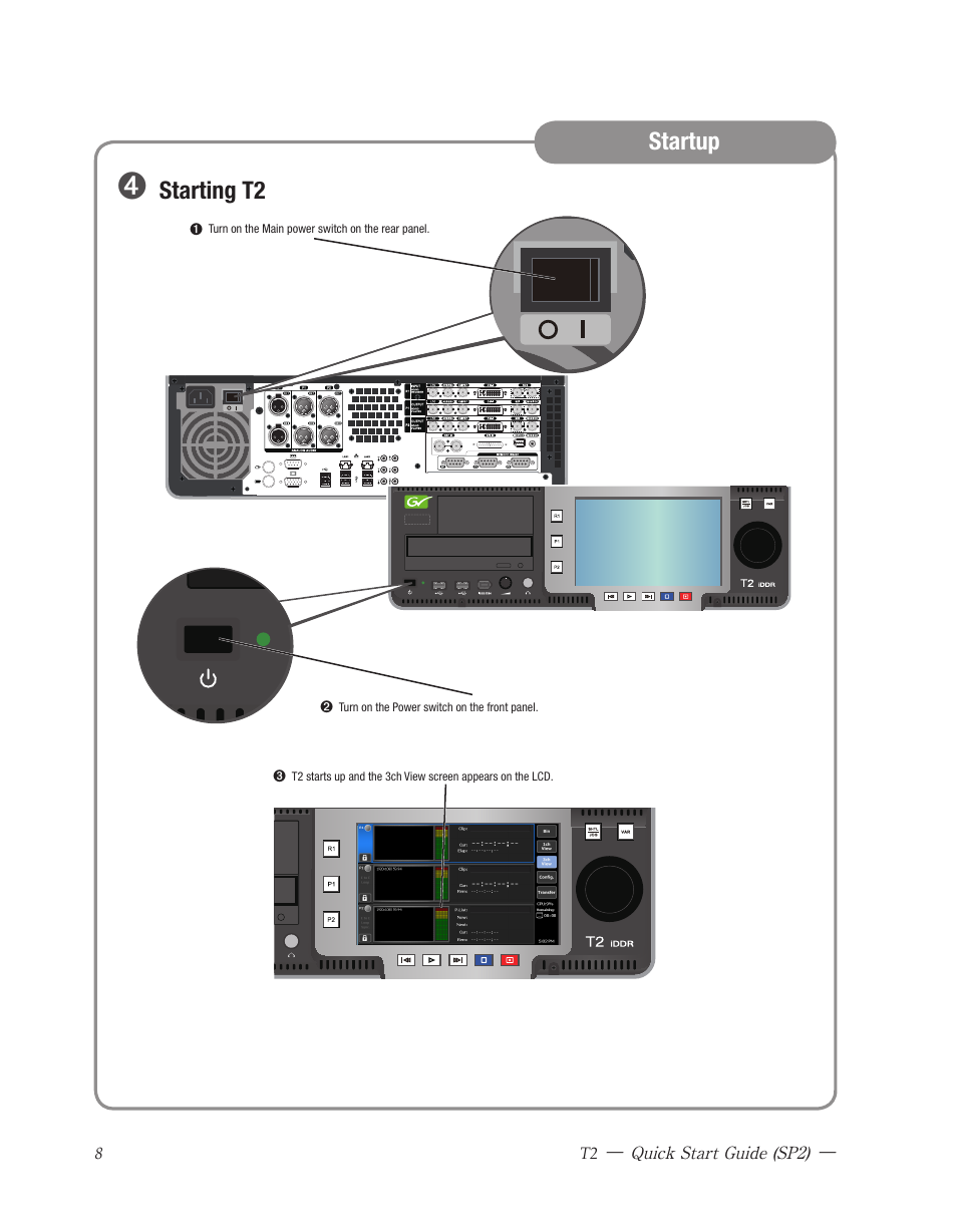 Startup, Kotron, Front panel layout | Starting t2 | Grass Valley T2 Classic iDDR Quick Start SP2 User Manual | Page 8 / 24