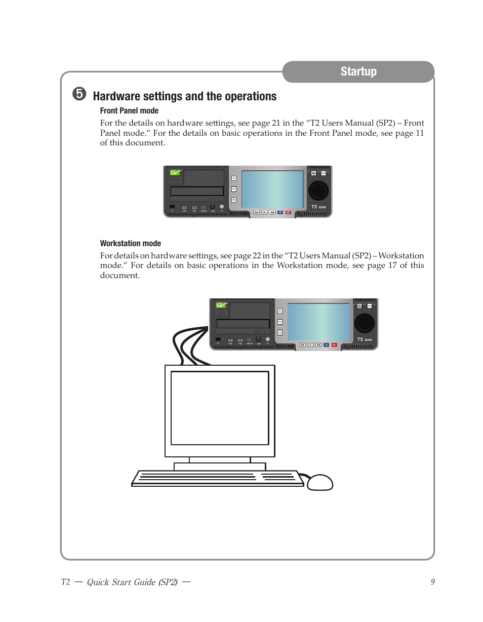 Hardware settings and the operations, Startup | Grass Valley T2 Classic iDDR Quick Start SP2 User Manual | Page 9 / 24