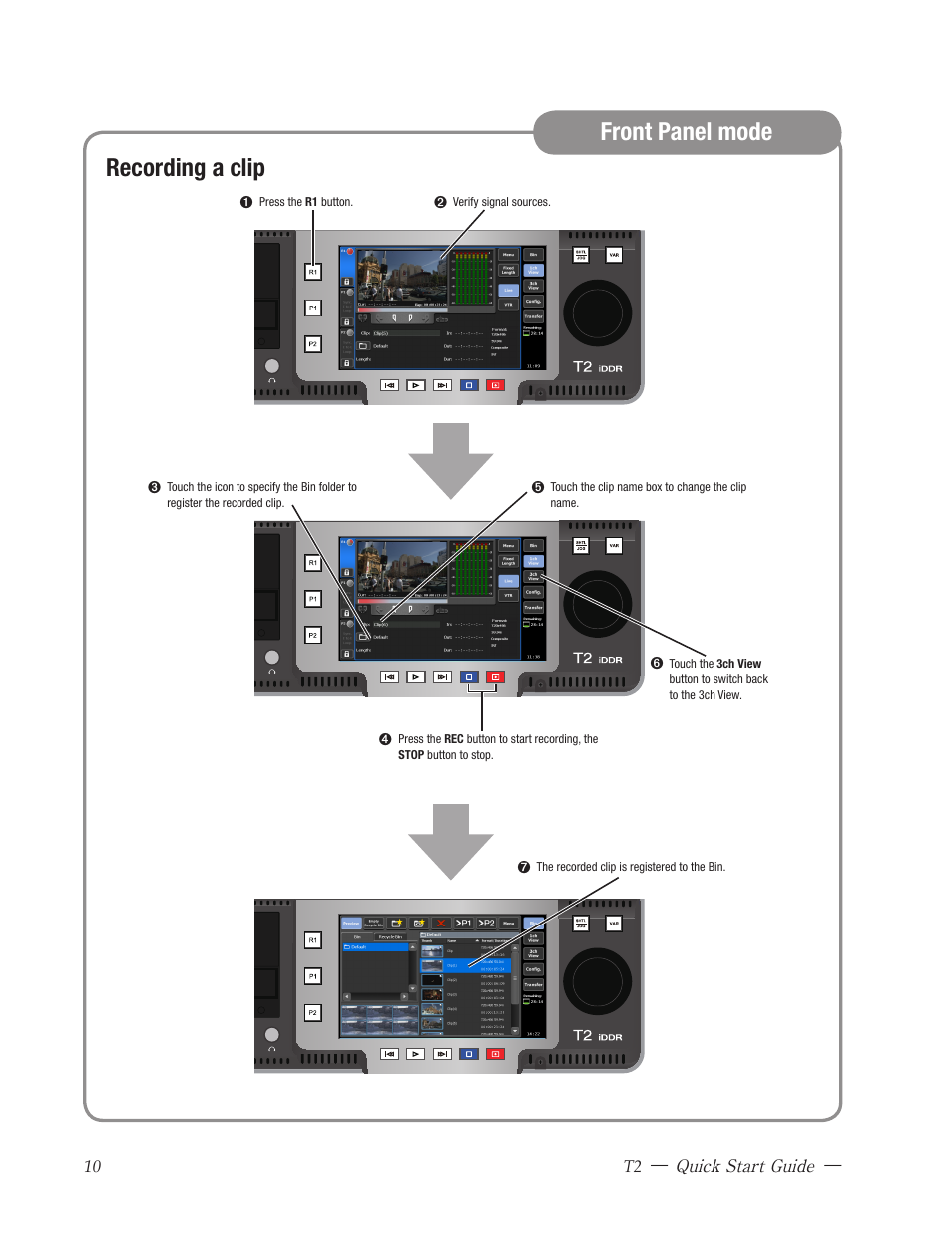 Front panel mode, Recording a clip, Kotron | Front panel layout | Grass Valley T2 Classic iDDR Quick Start User Manual | Page 10 / 20