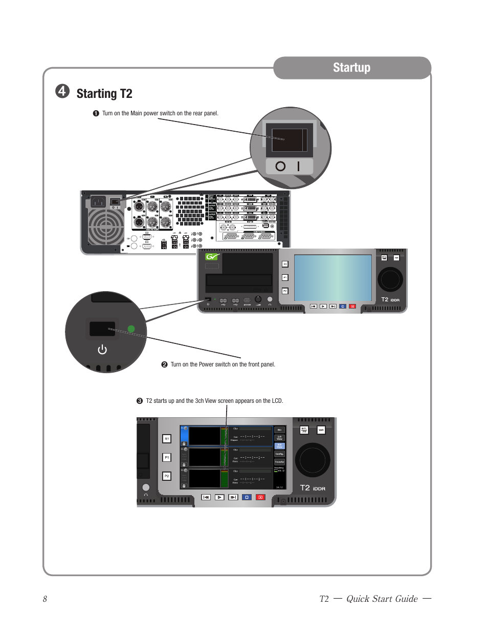 Startup, Starting t2, Kotron | Front panel layout | Grass Valley T2 Classic iDDR Quick Start User Manual | Page 8 / 20