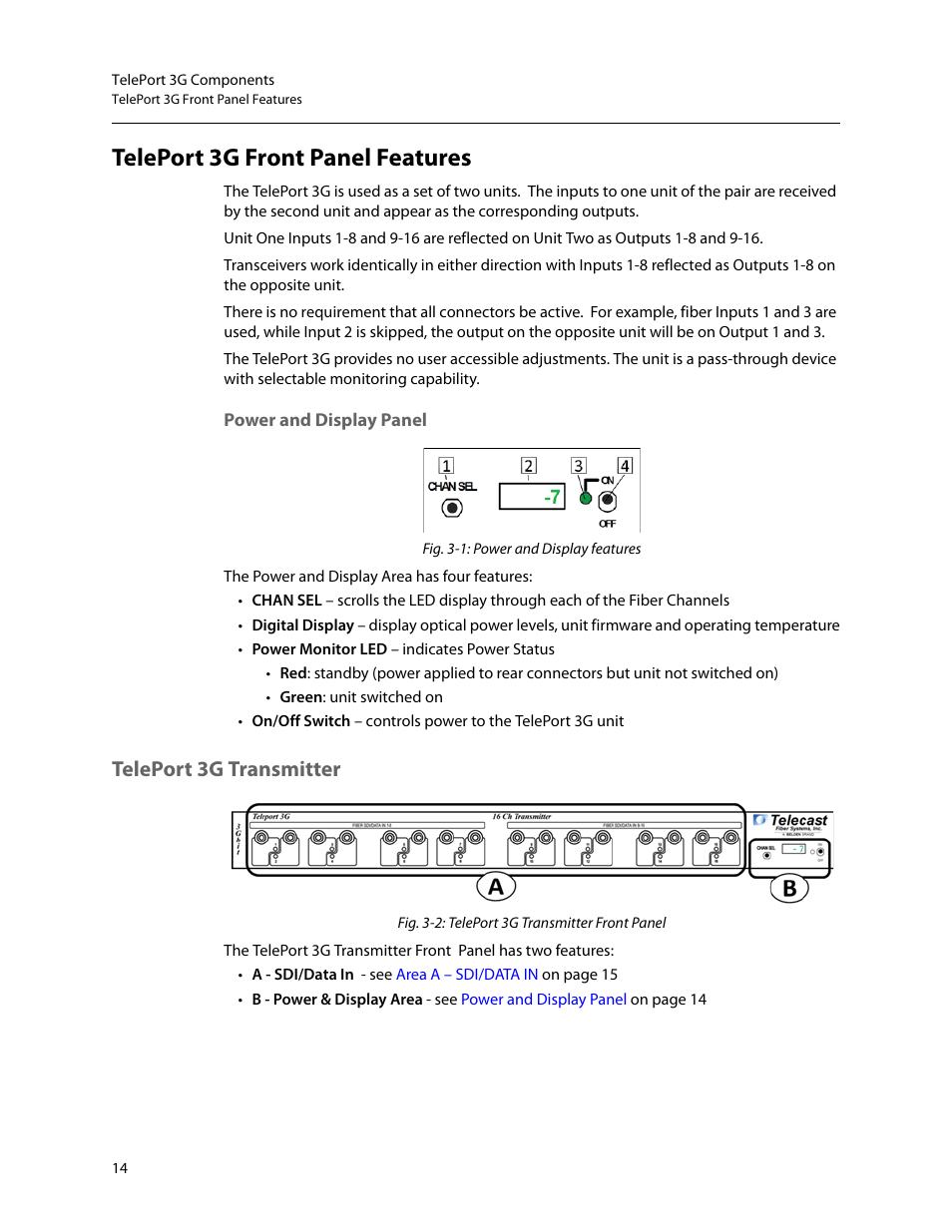 Teleport 3g front panel features, Power and display panel, Teleport 3g transmitter | Grass Valley TelePort 3G User Manual | Page 18 / 37