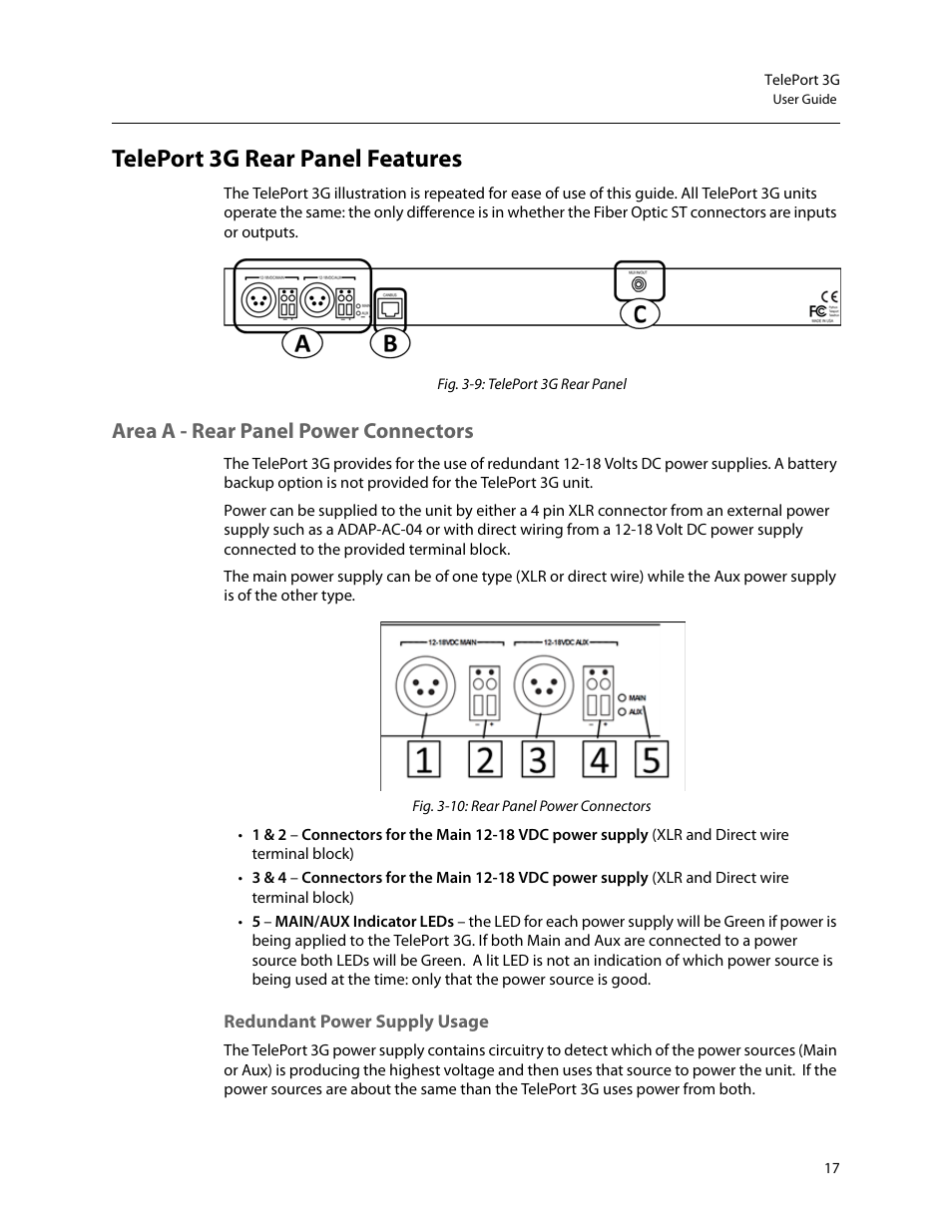 Teleport 3g rear panel features, Area a - rear panel power connectors, Redundant power supply usage | Grass Valley TelePort 3G User Manual | Page 21 / 37