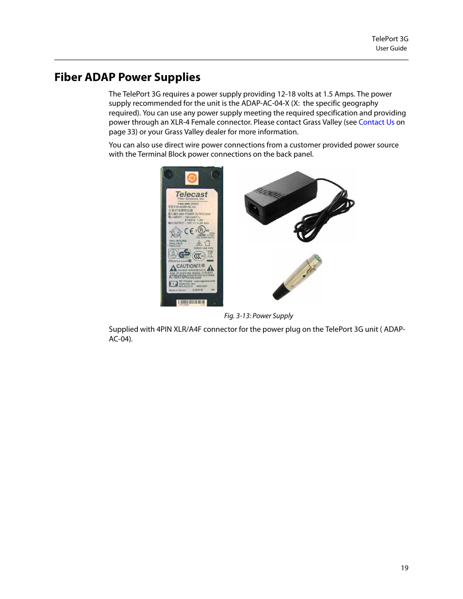 Fiber adap power supplies | Grass Valley TelePort 3G User Manual | Page 23 / 37