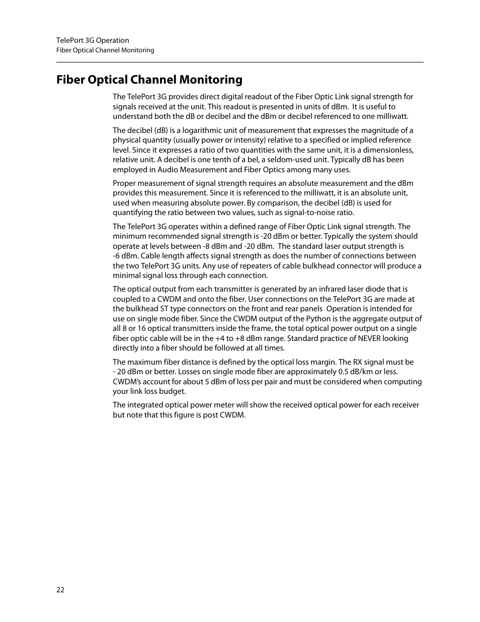 Fiber optical channel monitoring | Grass Valley TelePort 3G User Manual | Page 26 / 37