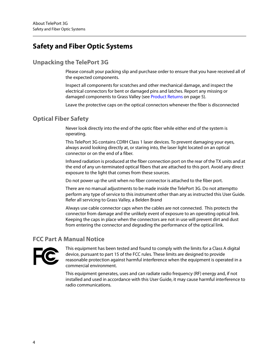 Safety and fiber optic systems, Unpacking the teleport 3g, Optical fiber safety | Fcc part a manual notice | Grass Valley TelePort 3G User Manual | Page 8 / 37