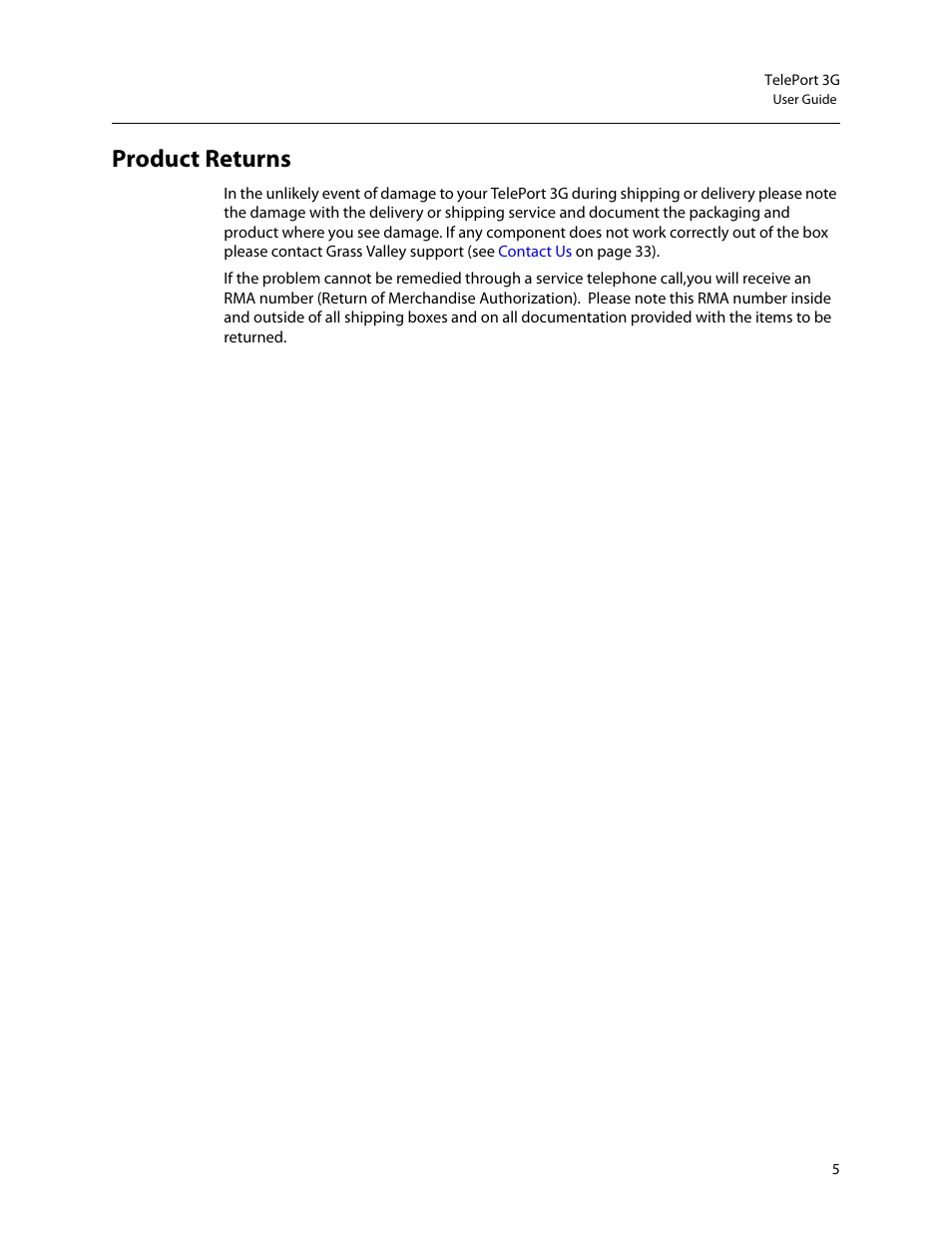 Product returns | Grass Valley TelePort 3G User Manual | Page 9 / 37