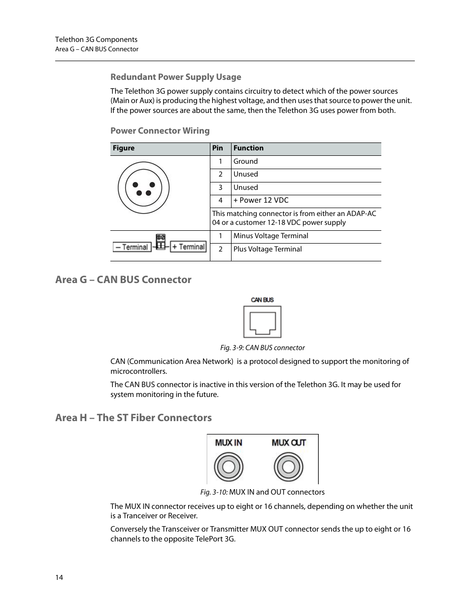Area g – can bus connector, Area h – the st fiber connectors | Grass Valley Telethon 3G User Manual | Page 18 / 29