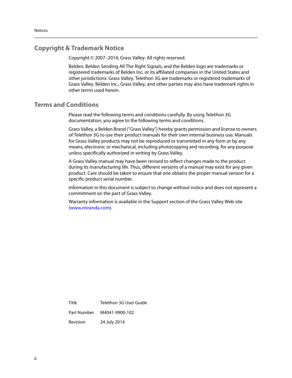 Copyright & trademark notice, Terms and conditions | Grass Valley Telethon 3G User Manual | Page 2 / 29