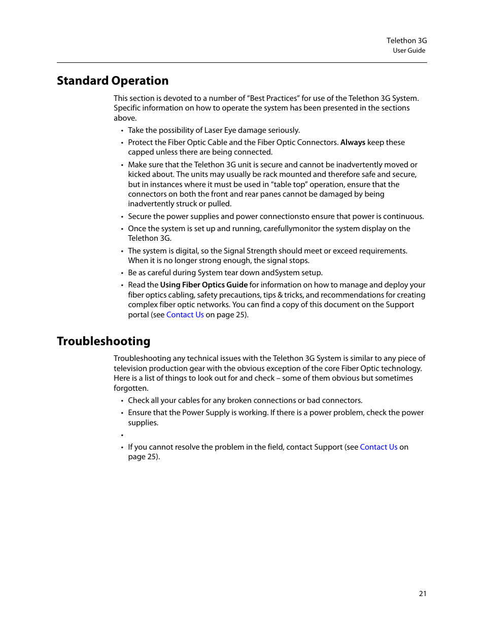 Standard operation troubleshooting, Standard operation, Troubleshooting | Grass Valley Telethon 3G User Manual | Page 25 / 29