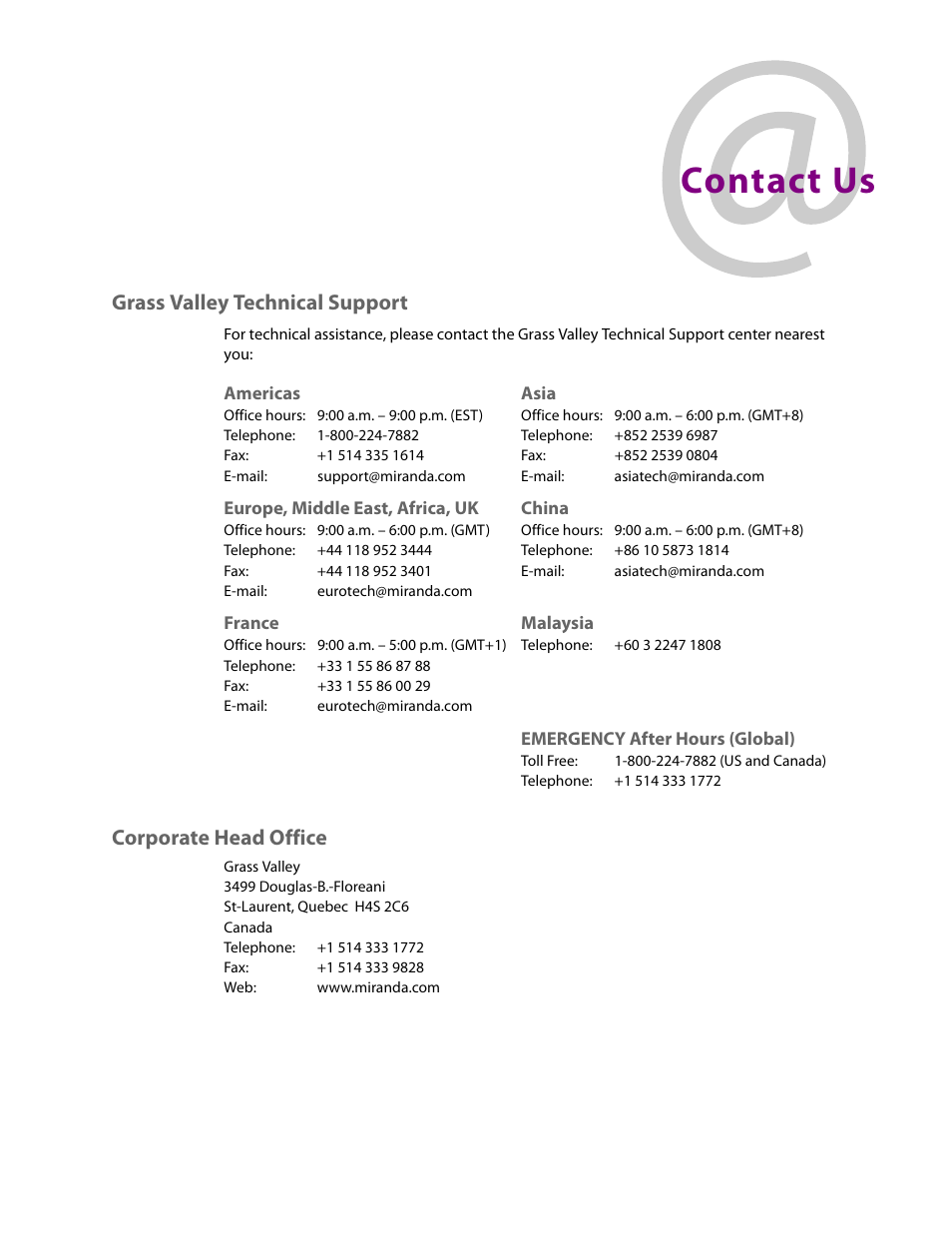 T (see, Contact us, Brand (see | Grass valley technical support, Corporate head office | Grass Valley Telethon 3G User Manual | Page 29 / 29