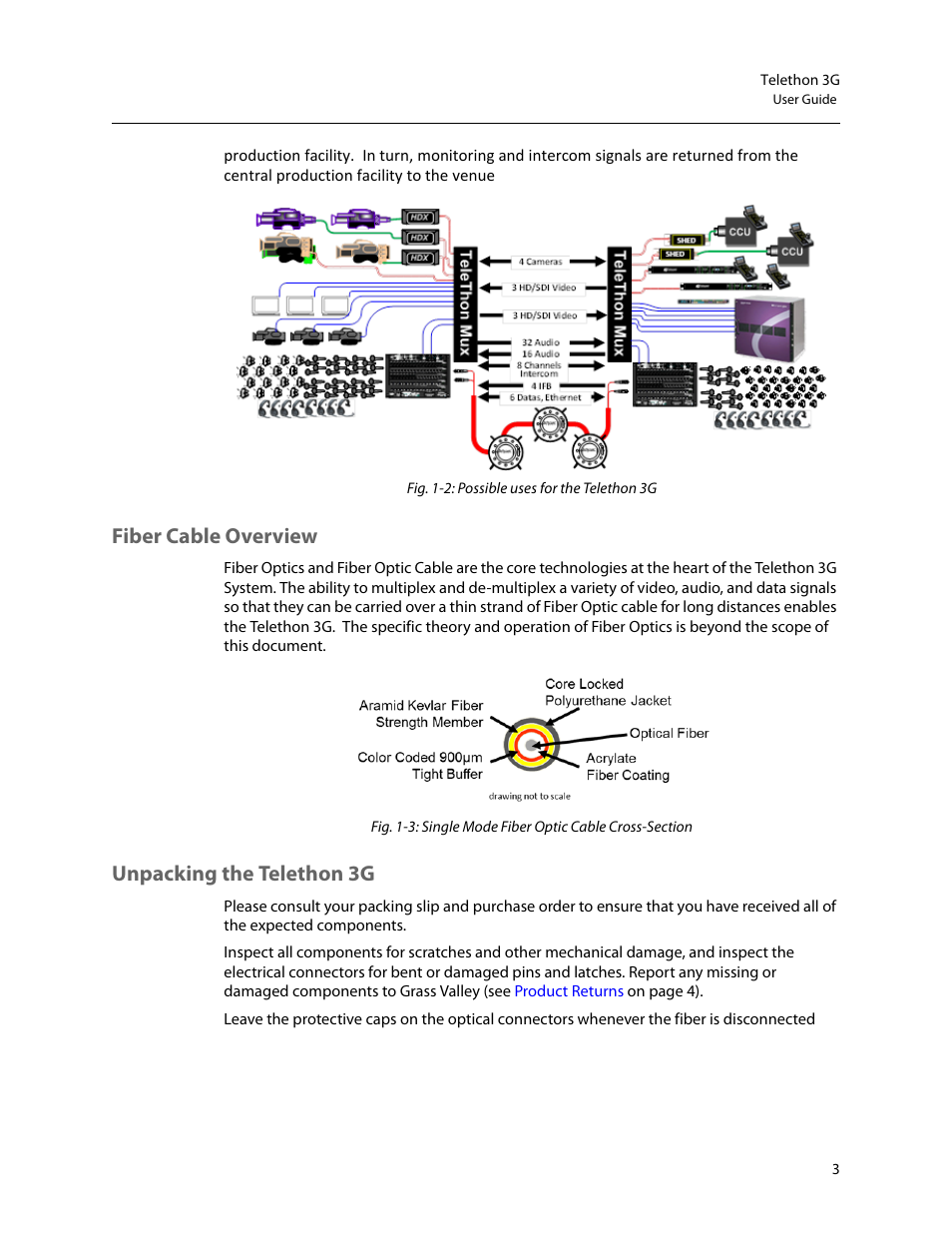 Fiber cable overview unpacking the telethon 3g, Fiber cable overview, Unpacking the telethon 3g | Grass Valley Telethon 3G User Manual | Page 7 / 29