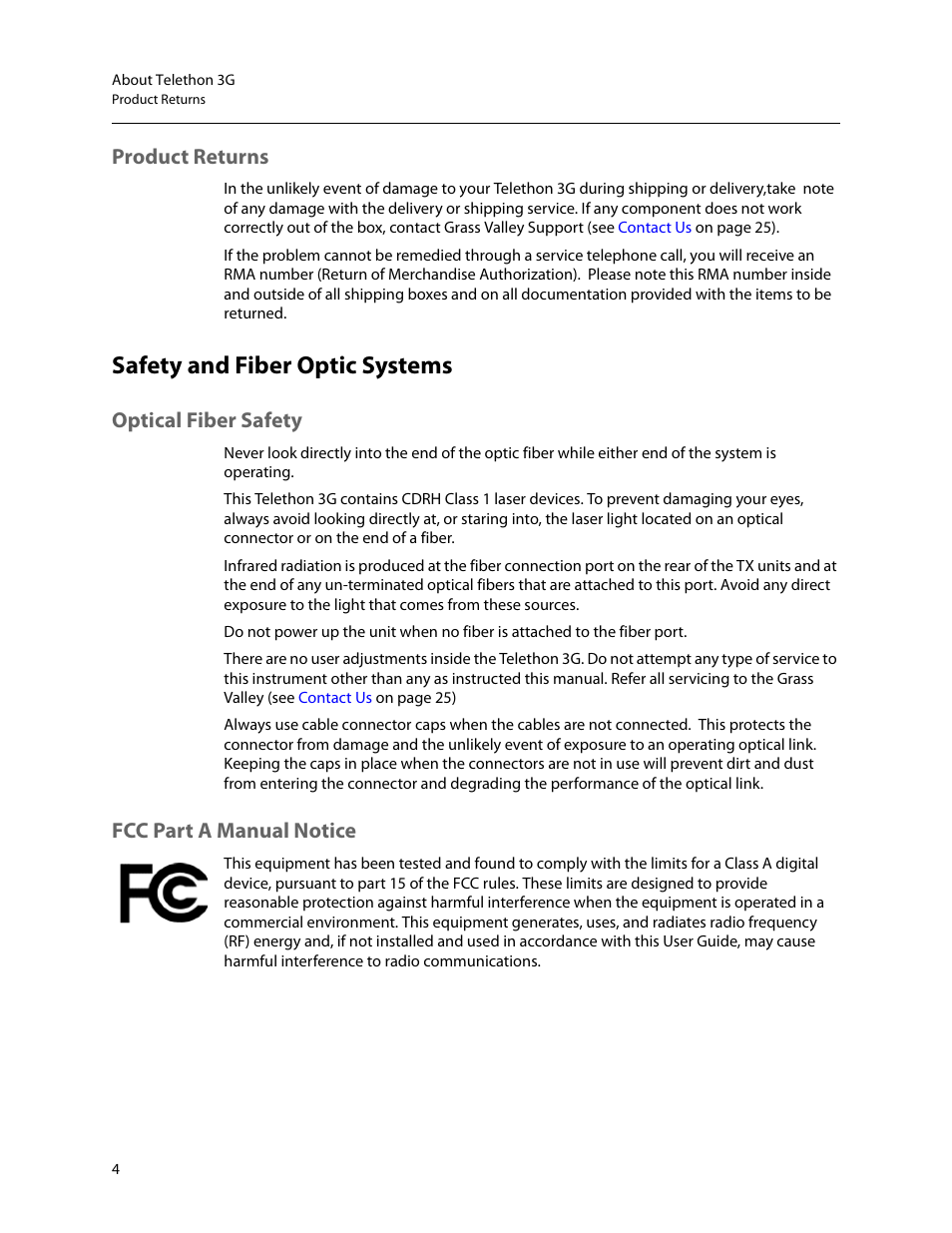 Product returns, Safety and fiber optic systems, Optical fiber safety fcc part a manual notice | Optical fiber safety, Fcc part a manual notice | Grass Valley Telethon 3G User Manual | Page 8 / 29